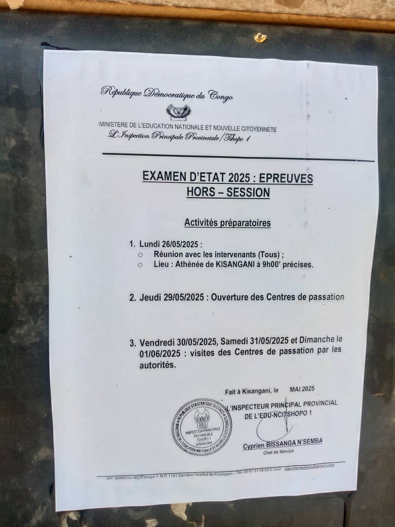 RDC – Examens d’État 2025 : l’Edu-NC Tshopo 1 dévoile le calendrier des préparatifs
